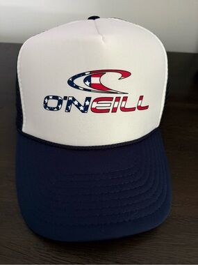 O'Neill Men's White Front Navy Brim Trucker Hat with Red & Blue Logo